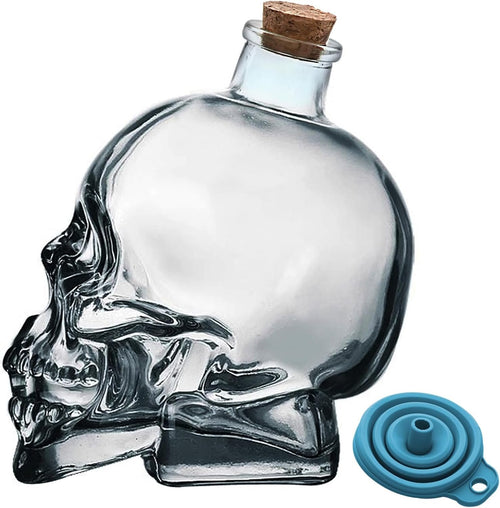 Skull Decanter Lead-free Glass Skull Prop Whiskey Bottle With Cork Stopper Halloween Decoration Novelty Drinkware 750ML (25OZ)