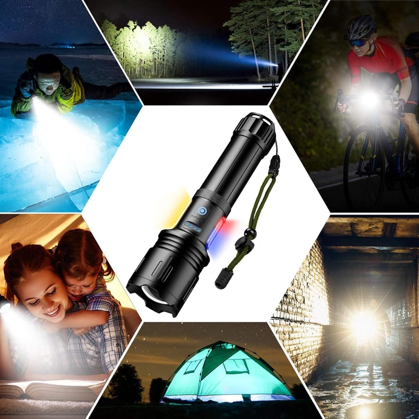 ASORT Rechargeable Flashlight - High Lumens Led Tactical Flashlight with Dual COB Lights, Zoom, 10 Modes, IP67 Waterproof, Perfect for Camping, Emergencies, and Dog Walking