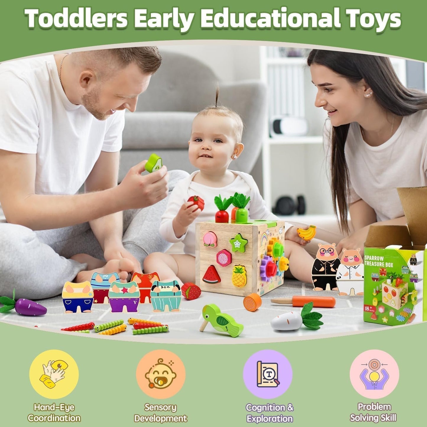 Montessori Wooden Educational Toys, Wooden Activity Cube Center Toys, Baby Toy 6 to 12 Months, Preschool Learning Activities, Fine Motor Skills Sensory Toys for 2 3 4 Year Old Boys Girls