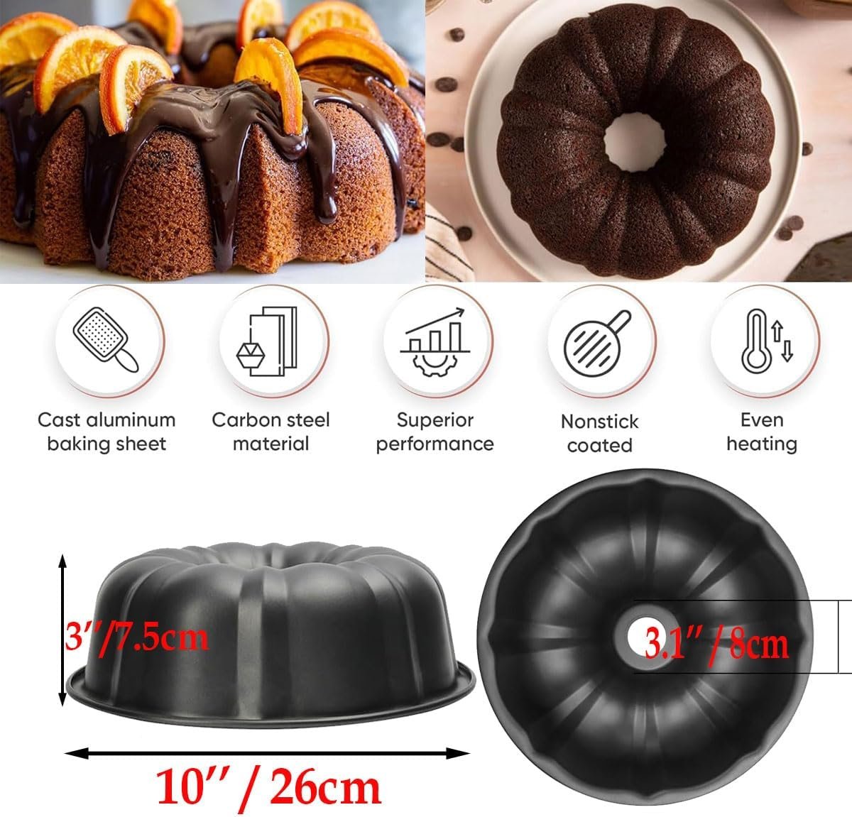 Cake Pans, 9.5'' 10'' Non-Stick Fluted Cake Pan, Heavy Duty Carbon Steel Tube Pan Baking Mold, Perfect Bakeware for Bavarois, Brownie, Jello, Flan, Meatloaf,Pudding (10'')