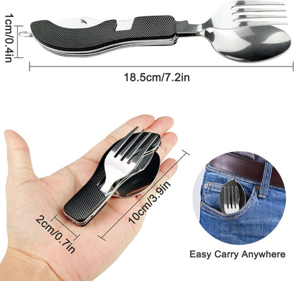 5Pcs Camping Utensils Cutlery Set - 4 in1 (Fork/Spoon/Knife/Bottle Opener) - Stainless Steel Folding & Detachable Backpacking Utensils for Hiking Survival Camping Travel