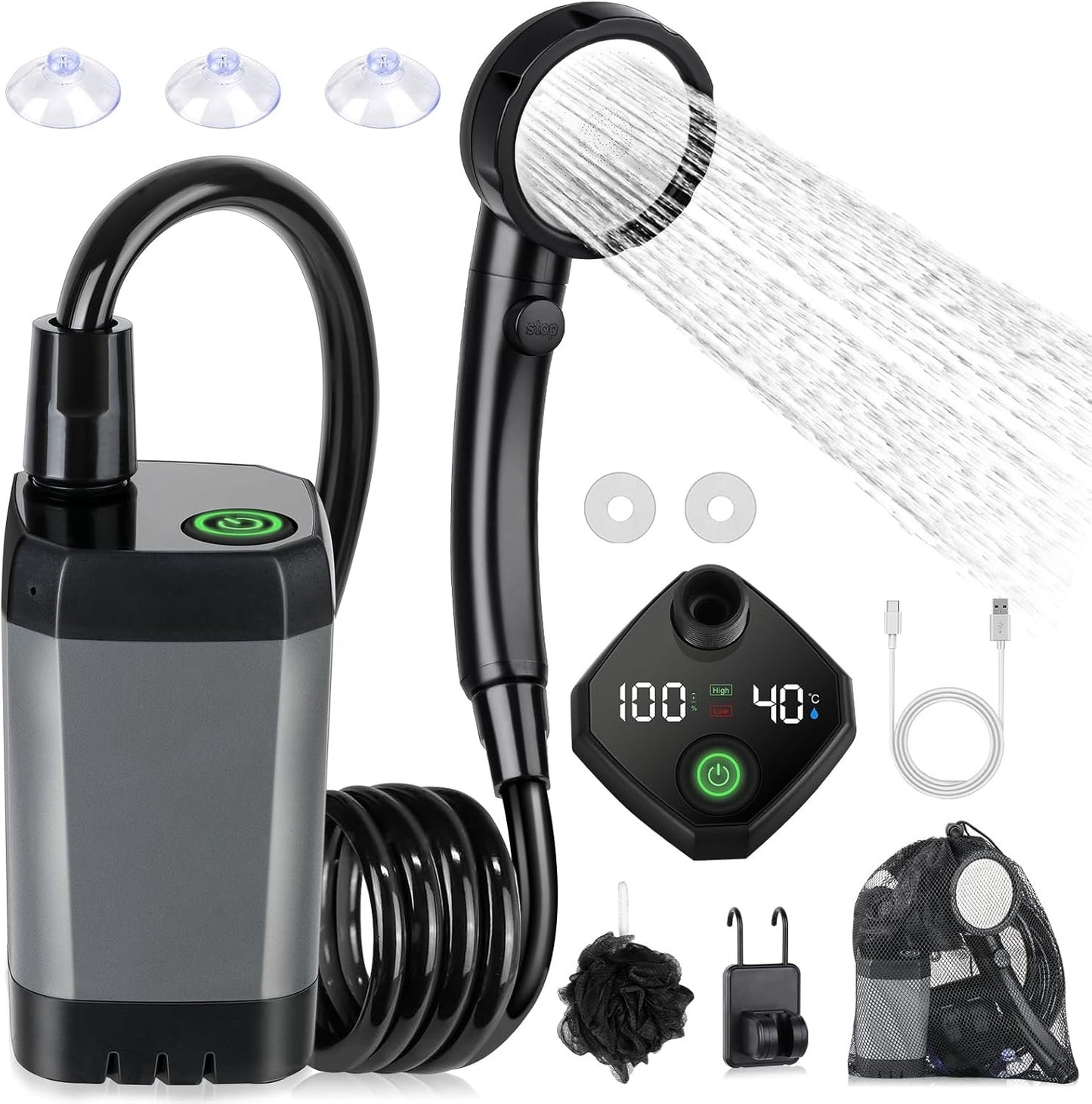 Portable Shower for Camping, [Long-Lasting] Spopal 6000mAh Rechargeable Camping Shower with Intelligent LED Display, 4 Spray Modes, IPX7 Waterproof Outdoor Shower Kit for Hiking, Travel, Car, Pet