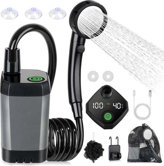Portable Shower for Camping, [Long-Lasting] Spopal 6000mAh Rechargeable Camping Shower with Intelligent LED Display, 4 Spray Modes, IPX7 Waterproof Outdoor Shower Kit for Hiking, Travel, Car, Pet