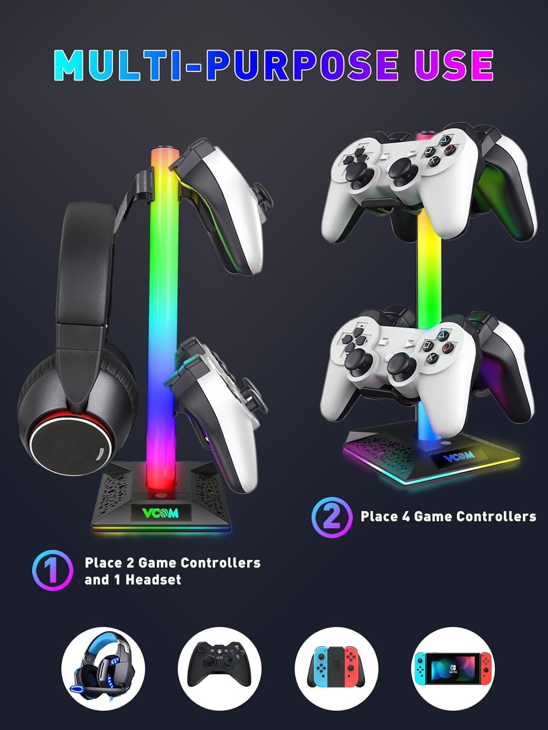 V RGB Gaming Headphones Stand with 2 USB Ports， Headset Stand with 10 Light Modes and Non-Slip Rubber, Suitable for All Earphone Accessories, Best Gift for Husband, Kids, Boyfriend