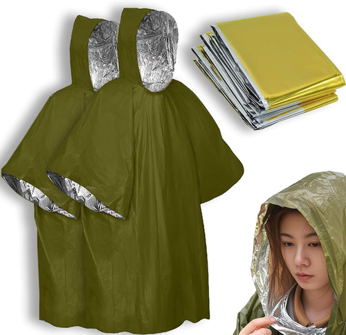 4X Survival Gear kit, Emergency Poncho (2pc), Emergency Space Blanket (2pc), Mylar Liner - Retains 92% Body Heat, for Outdoors, Hiking, Camping, Bug Out Bag, Marathons or First Aid, Car (Green)