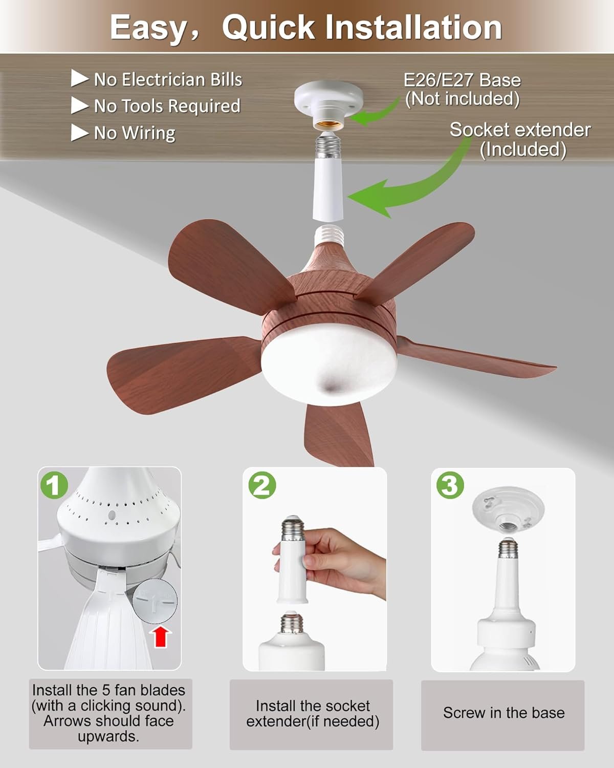 Ceiling Fans with Lights and Remote, Socket Fan Light with Remote, 2000 LM Dimmable Quiet LED Ceiling Fan, 3 Wind Speeds, for Bedroom Dining Room Closets Garages - Small Ceiling Fan (Woodgrain)
