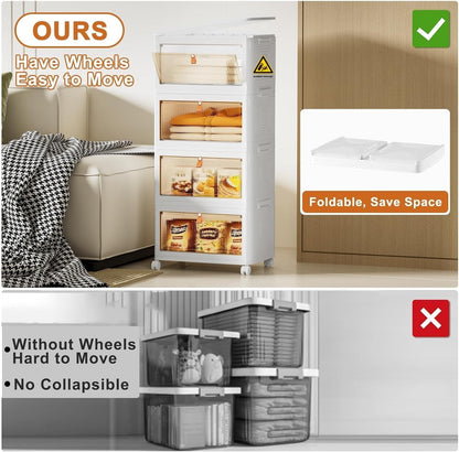 Stackable Storage Bins with Lids, Collapsible Closet Organizers and Storage Bin with Wheels, Foldable Organization Bins for Cabinet, Plastic Containers for Home (White-5 Tier)