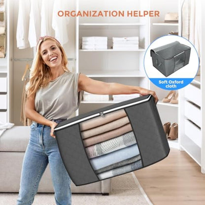 90 L Large Storage Bags, 6 Pack Clothes Storage Bins Foldable Closet Organizers and Storage Containers with Reinforced Handle for Clothing, Blanket, Comforters, Bed Sheets, Pillows and Toys (Gray)
