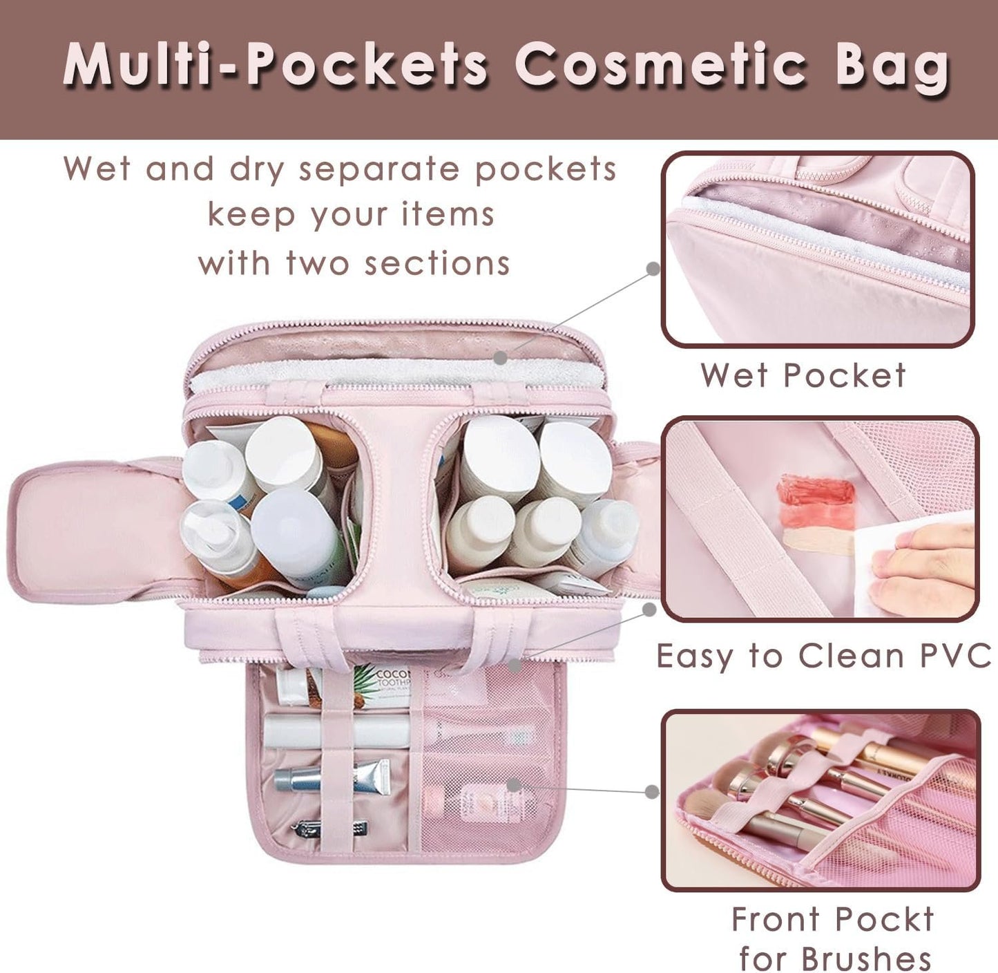 Travel Toiletry Bag, Puff Large Capacity Cosmetic Bag, Lightweight Wide Open Travel Bag for Women, Makeup Toiletry Bag Organizer with Handle for Accessories,Essentials. (Pink)