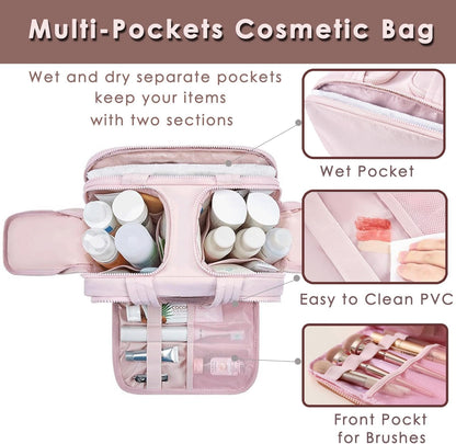 Travel Toiletry Bag, Puff Large Capacity Cosmetic Bag, Lightweight Wide Open Travel Bag for Women, Makeup Toiletry Bag Organizer with Handle for Accessories,Essentials. (Pink)