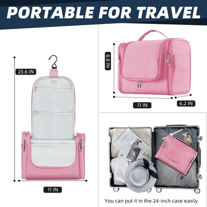 Buruis Large Capacity Toiletry Bag for Women, Hanging Toiletry Organizer Cosmetics Makeup Bag, Water-Resistant Hygiene Travel Bag for Full Sized Toiletries, Travel Essentials, Accessories (Pink)