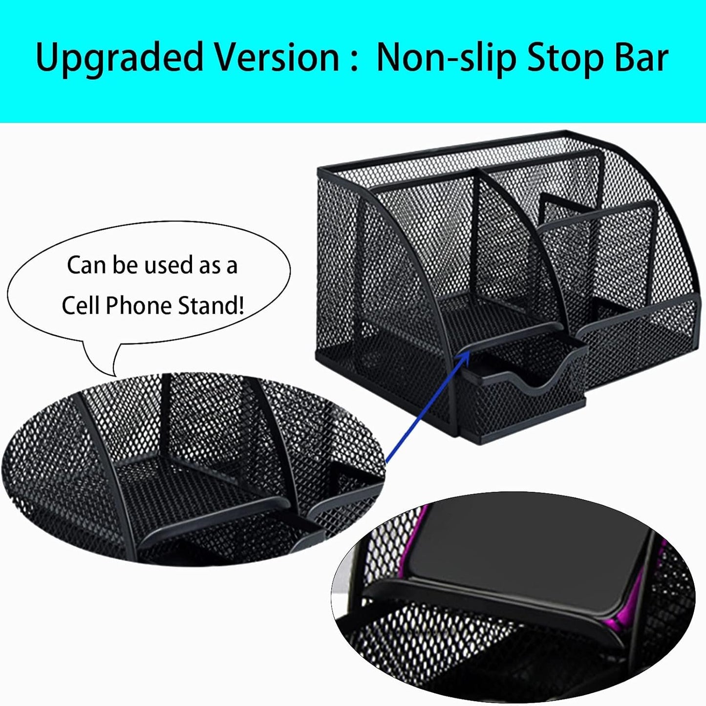 ZDZBLX Desk Organizers, Metal Mesh Stationery Desktop Organizer, Pen Holder Desk Organizer and Storage Office Supplies Desk Accessories Essentials Caddy with Drawer for Home, Office, School (Black)