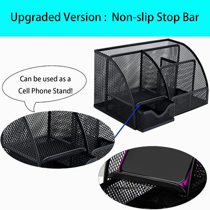 ZDZBLX Desk Organizers, Metal Mesh Stationery Desktop Organizer, Pen Holder Desk Organizer and Storage Office Supplies Desk Accessories Essentials Caddy with Drawer for Home, Office, School (Black)