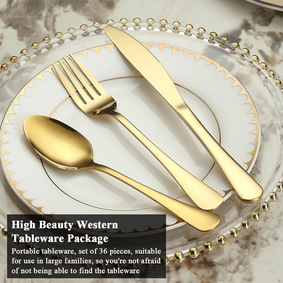 ReaNea Gold Cutlery Set 36 Pieces Service for 12, Stainless Steel Titanium Gold Flatware Set Include Knives Spoon Forks Set, Silverware Set, Serving Utensil Set