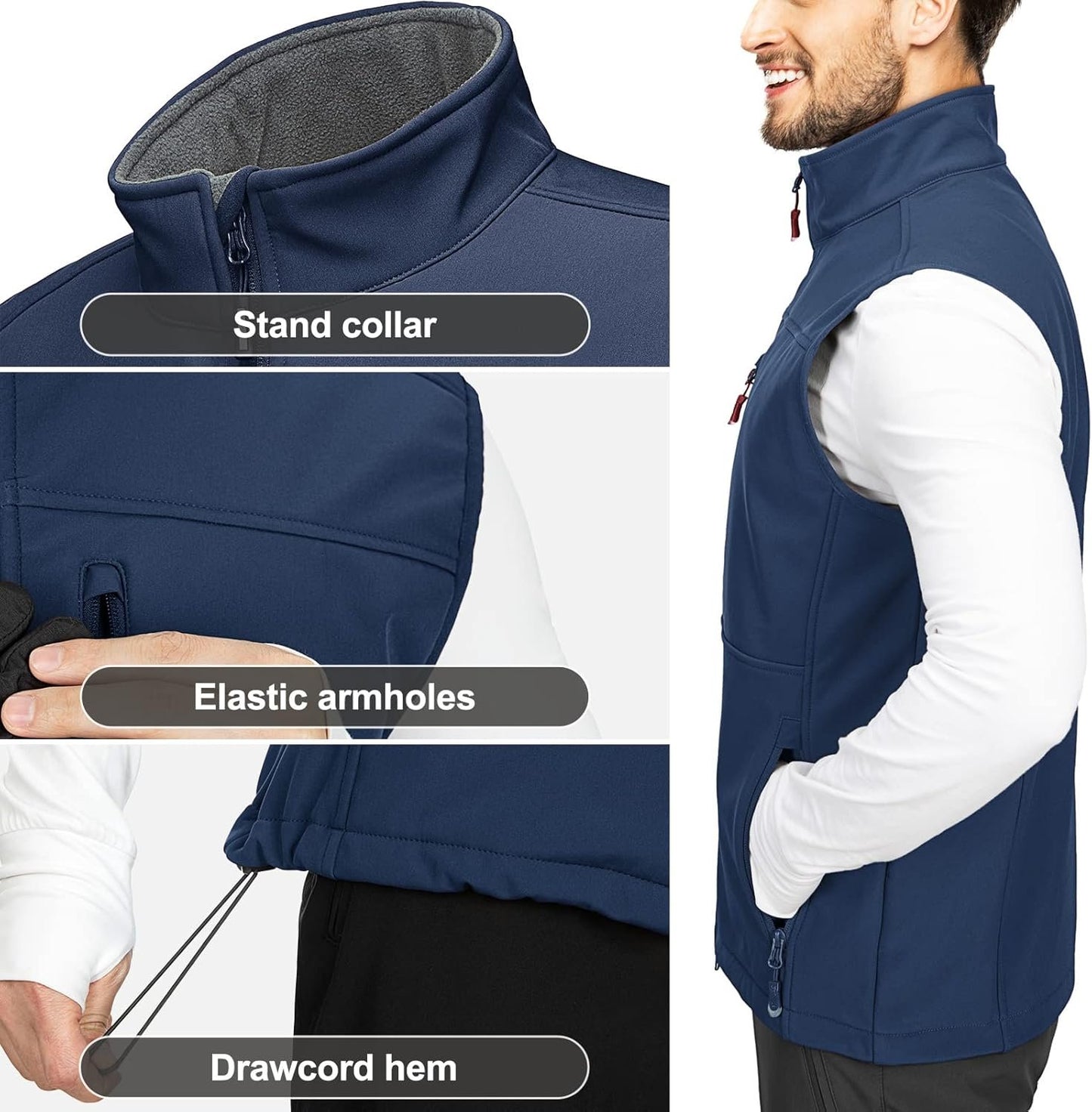 33,000ft Men's Lightweight Softshell Vest Fleece Lined Outerwear Gilet with 7 Pockets Zip Up Windproof Sleeveless Jacket Lightweight Outdoor Work Vest for Travel Golf Running Hiking