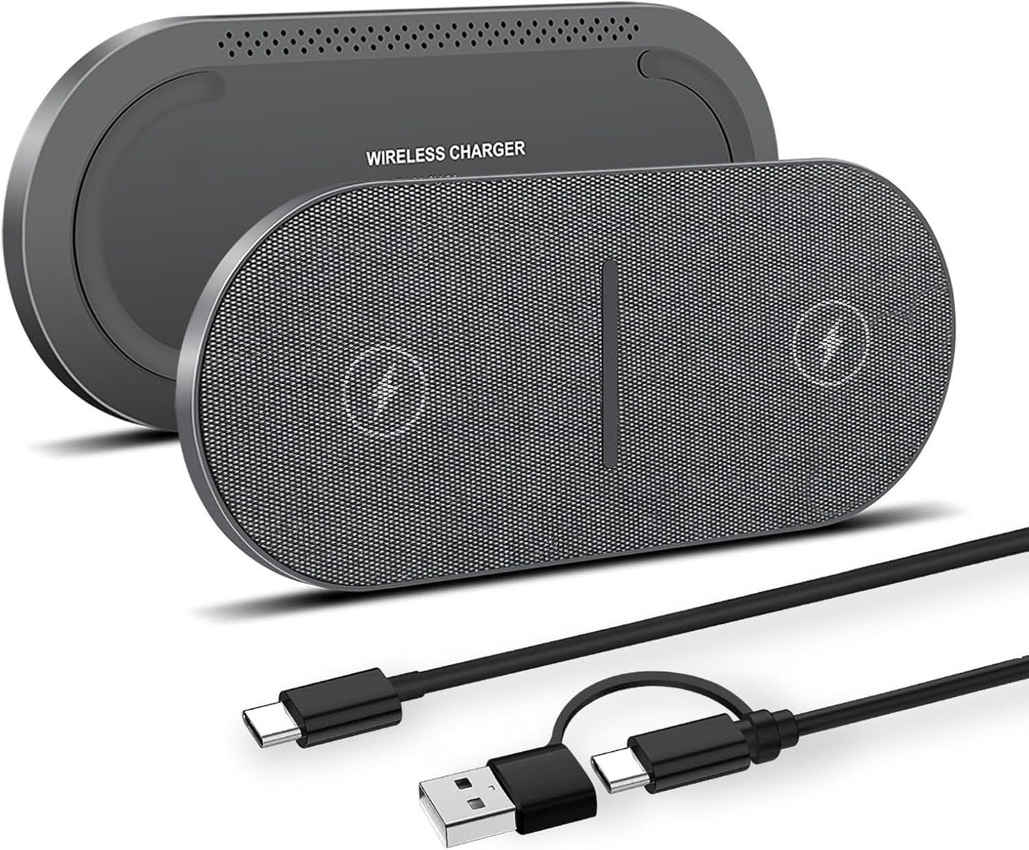 PDKUAI 2 in 1 Wireless Charger,[New Update] 40W Double Wireless Charging Station for iPhone 16/16 Pro/15/14/13/12/11/8/Airpods,Dual 20W Fast Induction Charge mat for Samsung Galaxy/Buds3-Grey