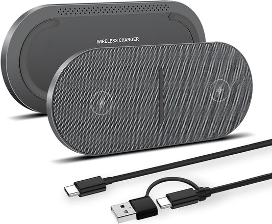 PDKUAI 2 in 1 Wireless Charger,[New Update] 40W Double Wireless Charging Station for iPhone 16/16 Pro/15/14/13/12/11/8/Airpods,Dual 20W Fast Induction Charge mat for Samsung Galaxy/Buds3-Grey