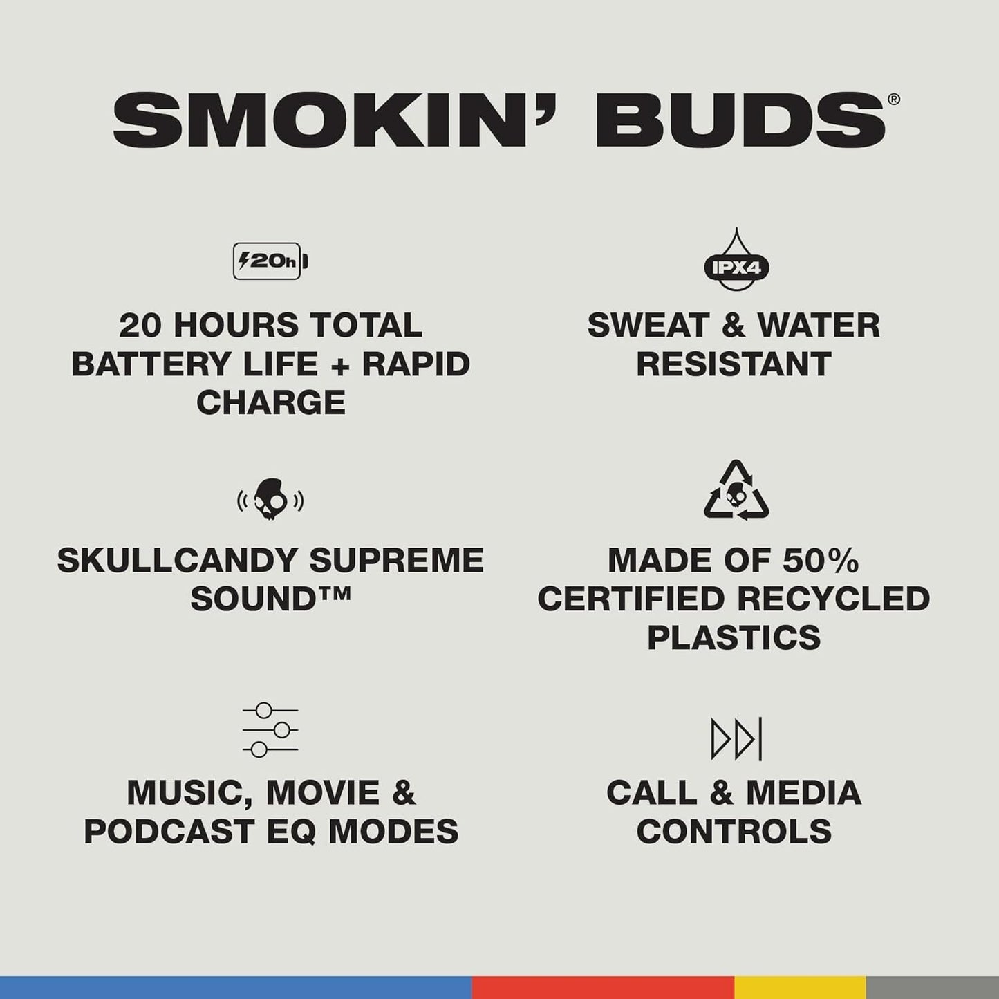 Skullcandy Smokin' Buds In-Ear Wireless Earbuds, 20 Hr Battery, 50% Renewable Plastics, Microphone, Works with iPhone Android and Bluetooth Devices - Black