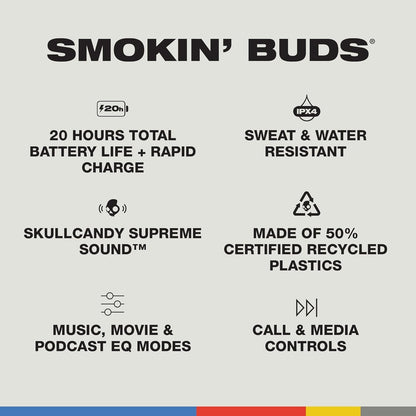 Skullcandy Smokin' Buds In-Ear Wireless Earbuds, 20 Hr Battery, 50% Renewable Plastics, Microphone, Works with iPhone Android and Bluetooth Devices - Black