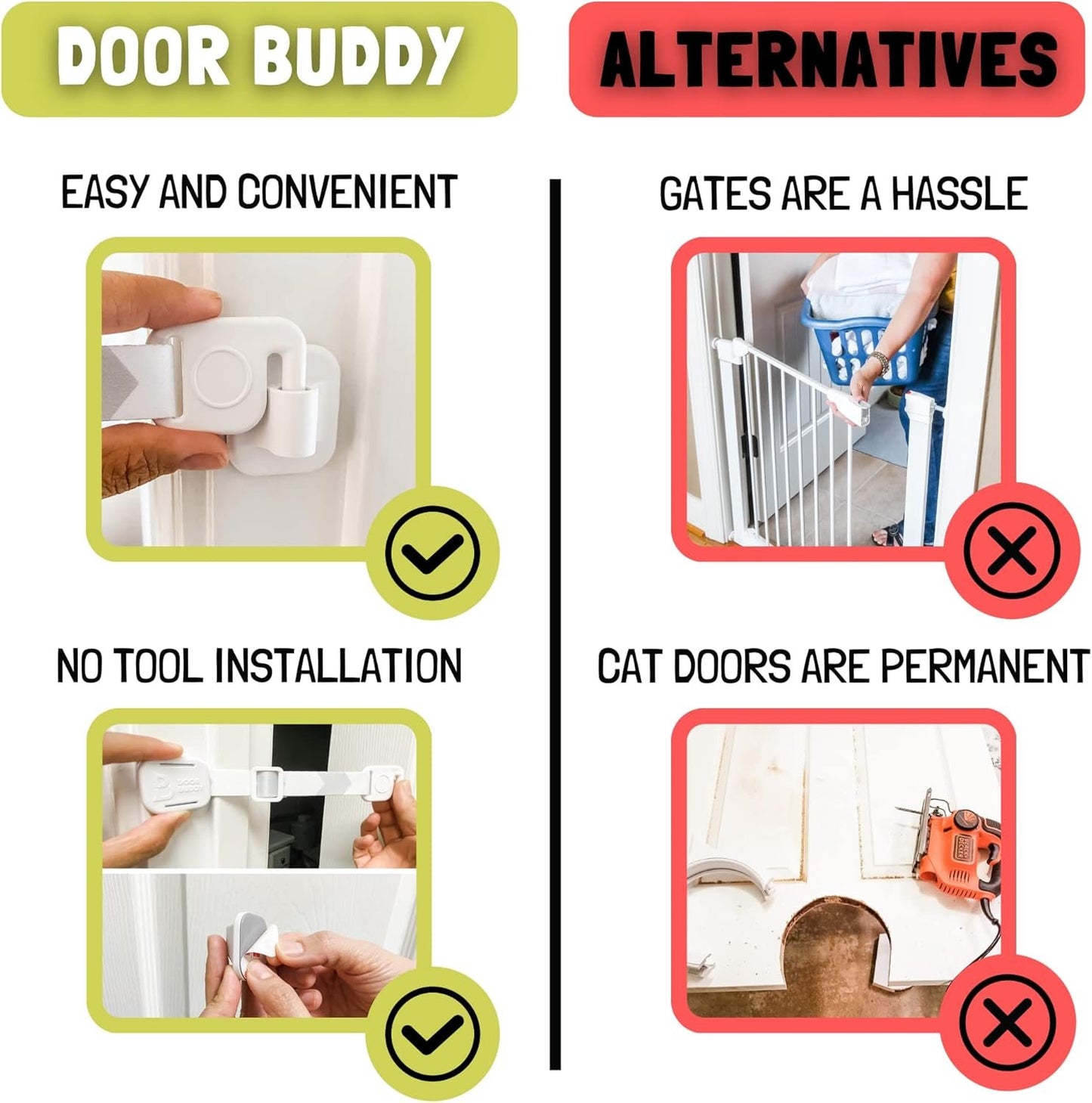 Door Buddy Baby Proof Door Latch for Cats - Grey. Adjustable Cat Door Strap Keeps Baby Out of Cat Food & Litter Box. Simple Child Door Locks for Kids Safety. Baby Gate Cat Door Interior Alternative.