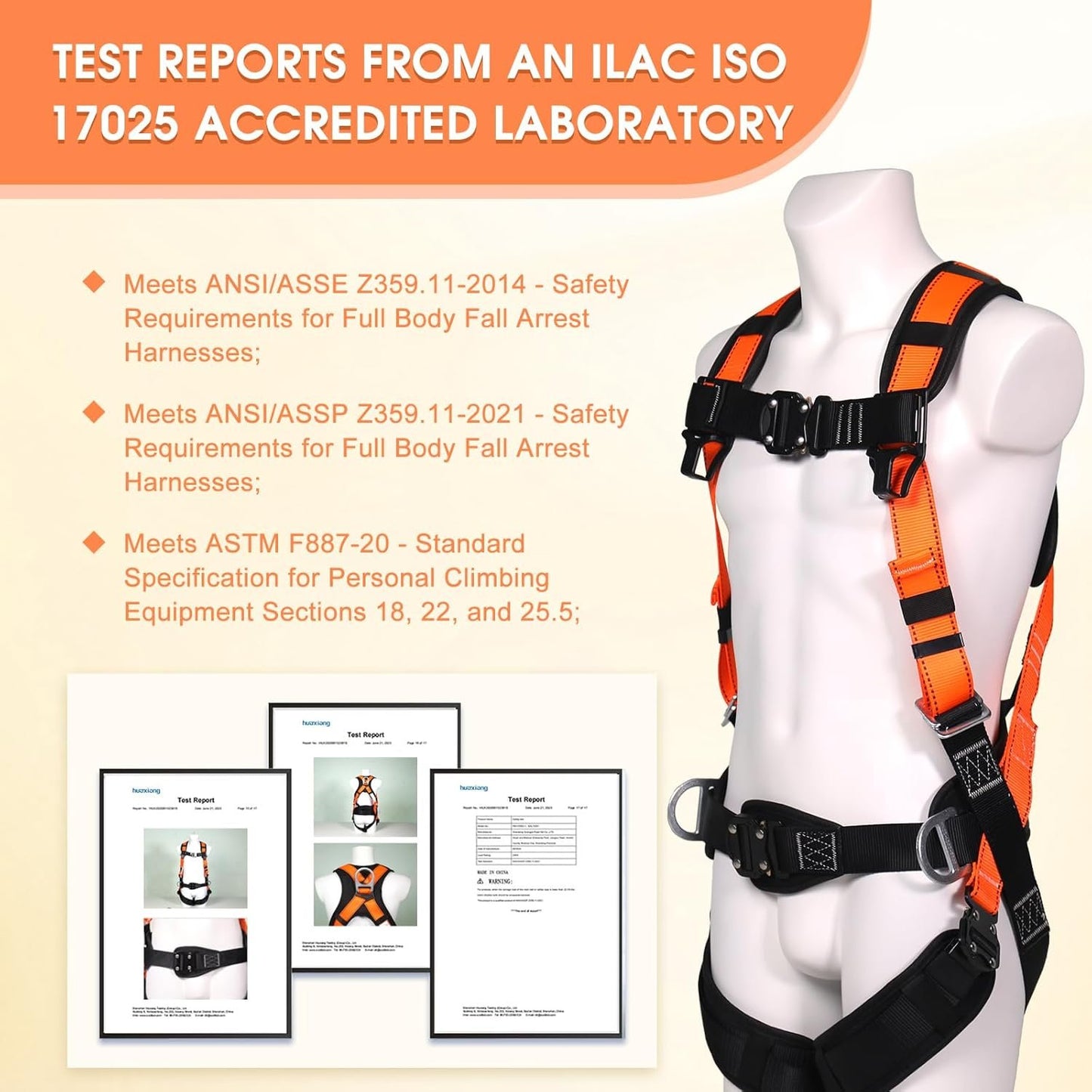 Fall Protection Premium Safety Harness with Shock Absorbing Lanyard, Roofing Constructio Harness, Vented & Padded Shoulder, Legs & Back - Upgrade 4 Quick Buckles(Orange)