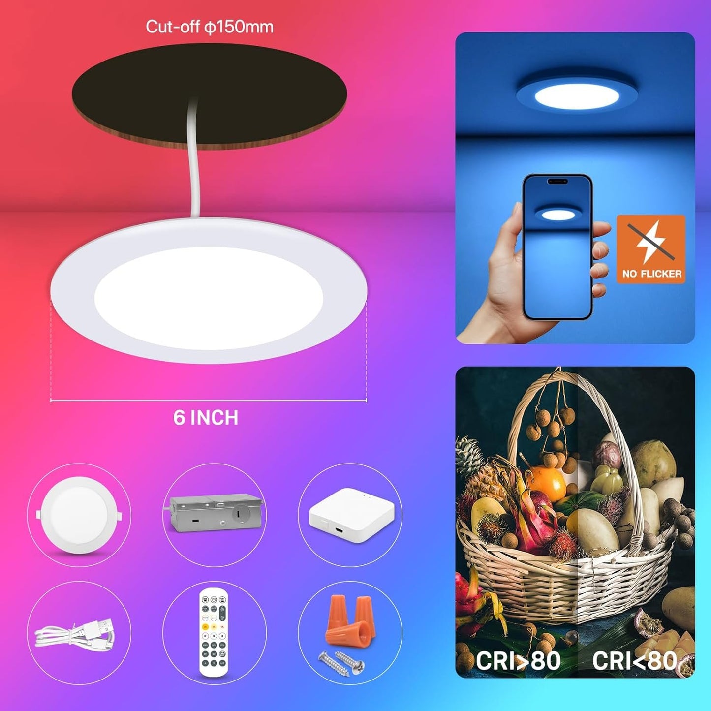 12Pack Smart RGB Recessed Lighting 6Inch,Ultra-Thin Canless LED Downlight, 2.4GHz Wi-Fi Bluetooth Direct Connect, 2700K-6500K,12W,1080LM,Work with Tuya App, Alexa,Google Assistant, Music Sync
