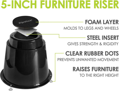 Slipstick CB671 5 Inch Bed Risers/Furniture Raisers with Steel Reinforced Holder Top, Lifts Height 5" (4 Pack) Supports 2,640 Pounds, Round, Black, Stackable with CB674 & CB672
