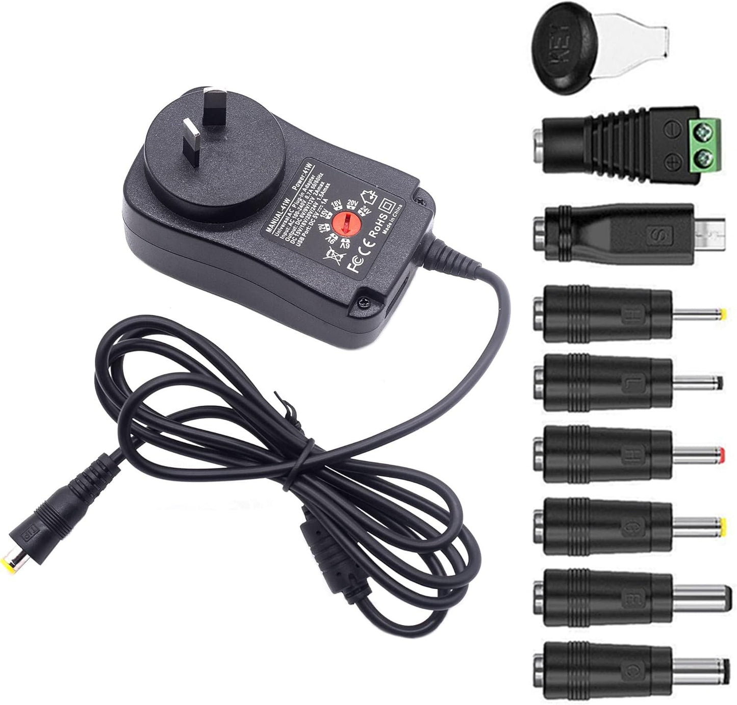 GutReise AU Universal Power Supply, 220V to 6V 9V 12V 15V 18V 24V Adjustable DC Charger, Switching 41W 5V/2.1A USB for WiFi Electronics (8 Selectable Tips)