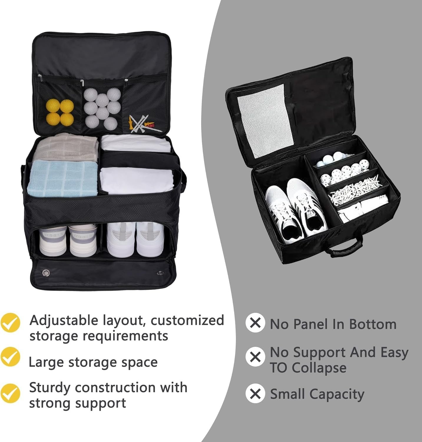 2 Layer Trunk Organizer, Waterproof Golf Locker With Separate Ventilated Compartment for 2 Pair Shoes, Durable Storage for Balls, Tees, Clothes, Gloves, Accessories, Golf Gifts