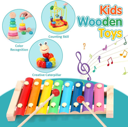 Qizebaby Toddlers Montessori Wooden Toys for Boys Girls Age 2 3 4 Year Old,Baby Toy Learning Musical Setsï¼ŒShape Sorting Toys Gifts for Kids 2-4, Wooden Preschool Learning Fine Motor Skills Game