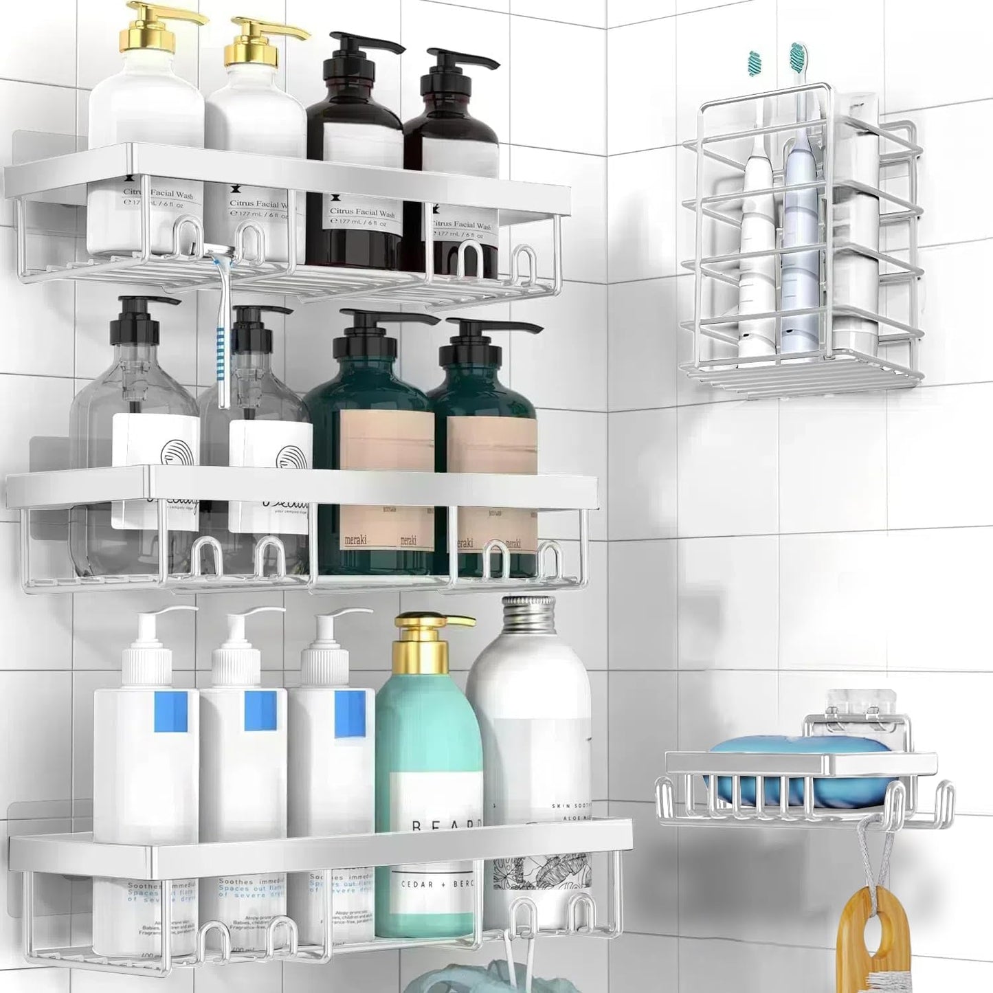 Adhesive Shower Caddy Organizer Shelves Rack - 5 Pack Corner Bathroom Storage Organization, Home & Kitchen Decor Inside RV Accessories, Hanging First Apartment Household Camper Essentials
