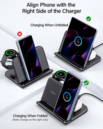 SwanScout Wireless Charger for Samsung Z Fold 6/5/Pixel 9 Pro Fold, SwanScout 705S, 3 in 1 Foldable Wireless Charging Station for Samsung Z Fold, Galaxy Watch 7/Ultra/6/5, Galaxy Buds 3 (No Adapter)