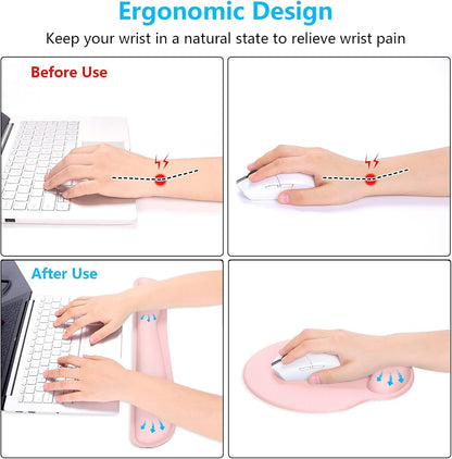 Dapesuom Keyboard Wrist Rest and Mouse Pad with Wrist Support, Cute Memory Foam Cushion for Keyboard and Mouse Set, Ergonomic Desktop Pad Rests with Non Slip Base for Easy Typing & Pain Relief,Pink