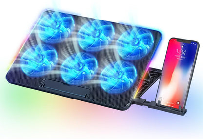 Necomi Laptop Cooling Pad, Laptop Cooler with 6 Quiet Fans for 13-17 Inch Gaming Fan Stable Stand, 7 Height Adjust, RGB Light 10 Modes, Switch Control Fan Speed, 2 USB Port & Phone Holder