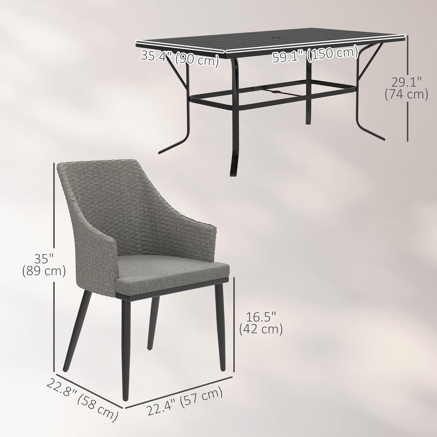 Outsunny 7 Piece Patio Furniture Set, Rattan Patio Table and Chairs with Cushions, Slatted Table Top, Umbrella Hole, Wicker Conversation Sets for Backyard, Porch, Garden, Balcony