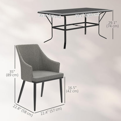 Outsunny 7 Piece Patio Furniture Set, Rattan Patio Table and Chairs with Cushions, Slatted Table Top, Umbrella Hole, Wicker Conversation Sets for Backyard, Porch, Garden, Balcony