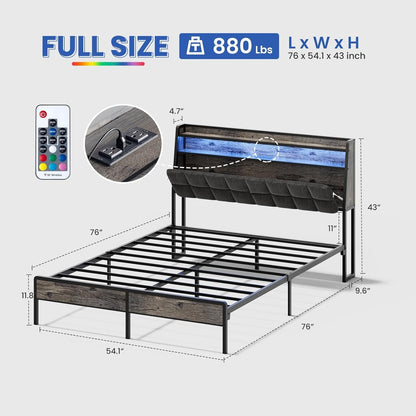BedStory Bed Frame Full Size with Charging Station, LED Bed with Upgrade Upholstered Headboard, Ergonomic Bed Frame Headboard with Under Bed Storage, No Box Spring Needed, Noise Free Easy Assembly
