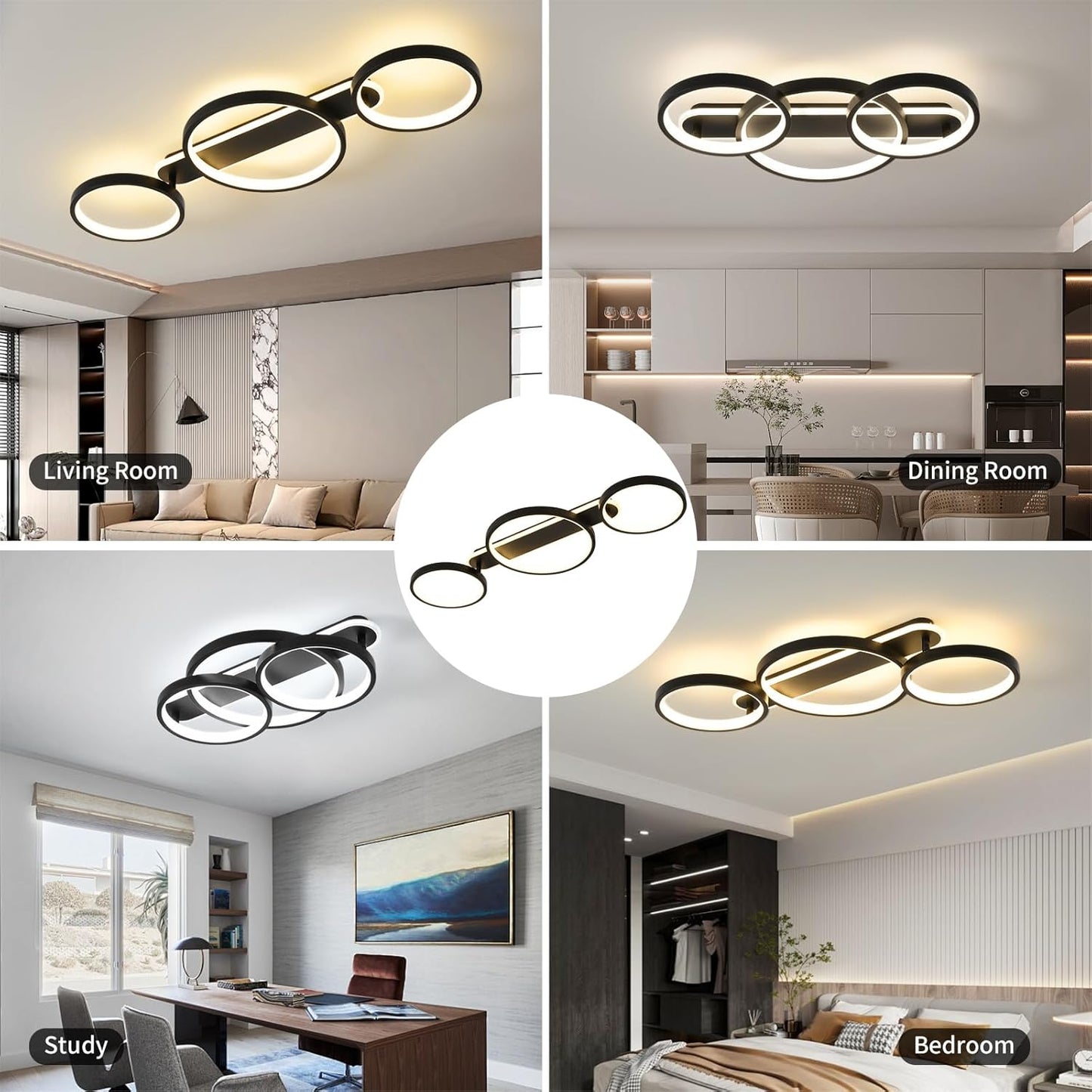 Modern LED Ceiling Light, 36W 3000K-6500K, 3 Rings Round Design Bedroom Lighting, Interior Decorative Light with Remote Control APP Dimmable, Chandelier Lamp for Living Room, Office, Kitchen, Hallway