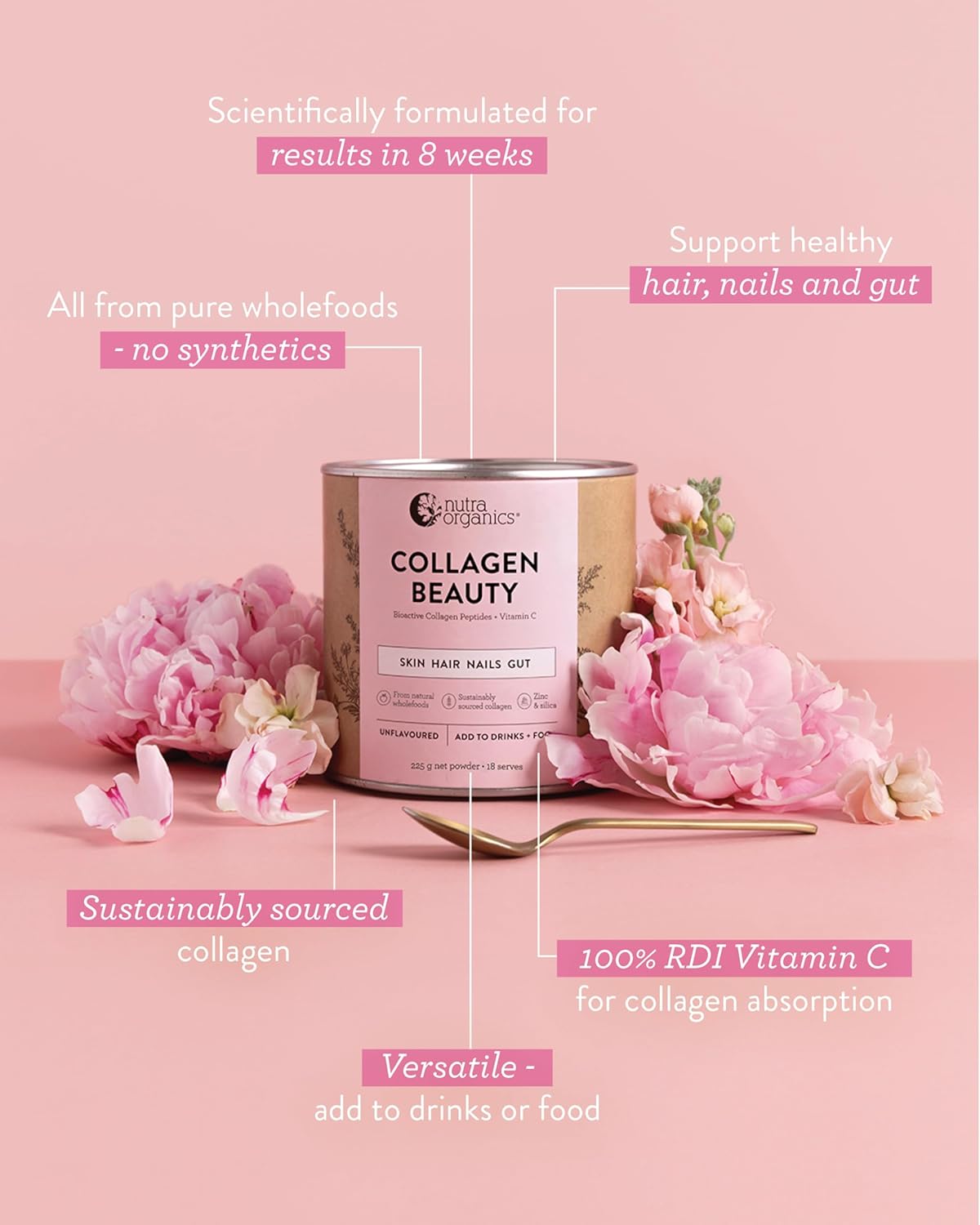 Nutra Organics Collagen Beauty Unflavoured 450g | Anti-Aging Collagen Peptides and Vitamin C | Collagen Powder for Healthy Hair, Nail, Skin and Gut Wellbeing (37 Serves)