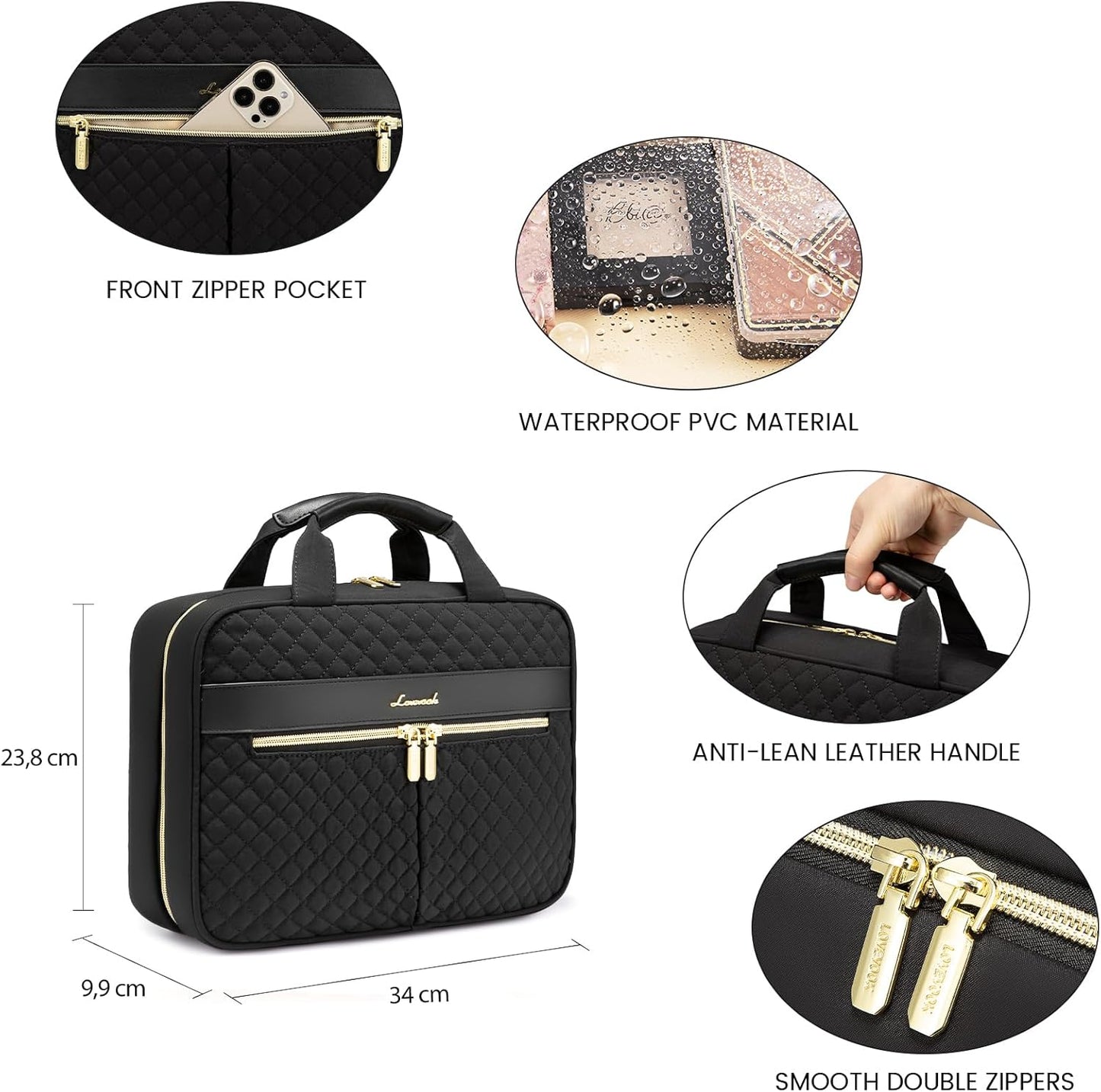 LOVEVOOK Women's Travel Toiletry Bag, Waterproof Makeup Bag Necessary High Capacity Travel Makeup Bag Useful Accessories with Hook, Black