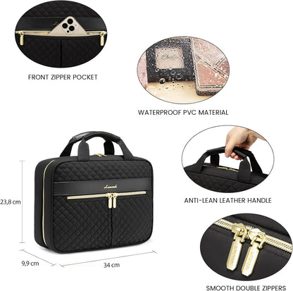 LOVEVOOK Women's Travel Toiletry Bag, Waterproof Makeup Bag Necessary High Capacity Travel Makeup Bag Useful Accessories with Hook, Black
