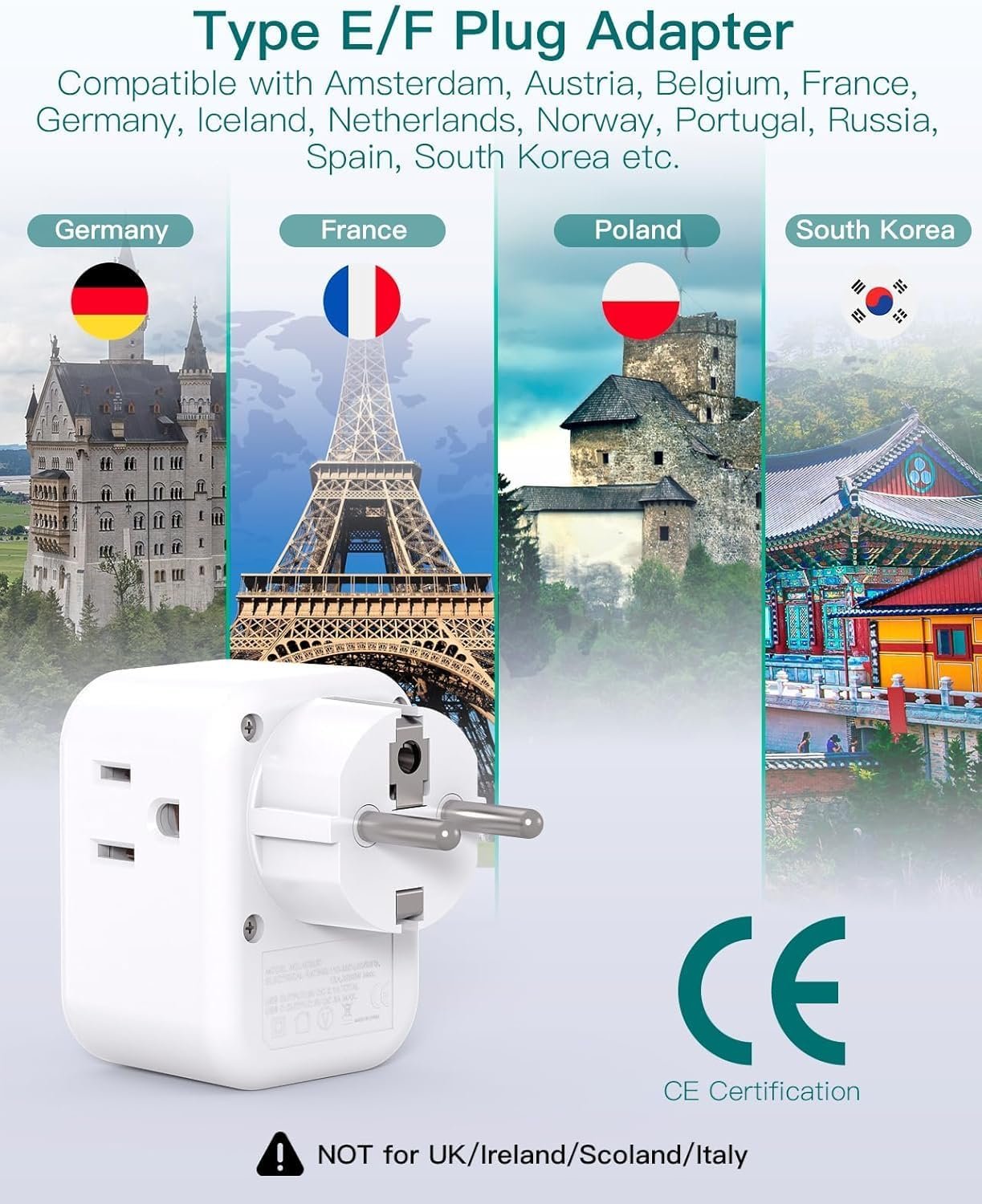 2-Pack Germany France Travel Plug Adapter, 3 Outlets and 3 USB Charging Ports(1 USB C), Addtam Type E/F International Power Adapter, Travel Essentials US to Europe France Germany South Korea