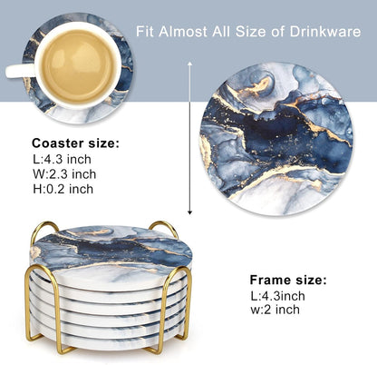 6 Pcs Navy Blue Marble Abstract Ceramic Coasters with Holder Best Absorbent Drink Coasters Round Ceramic Table Coasters Set Decorative Coffee Cup Beverage Coasters Wine Beer Bar Coasters