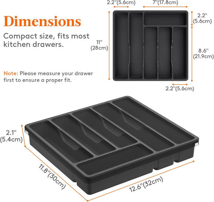 Lifewit Silverware Organizer with Lid, Covered Utensil Tray for Kitchen Drawer and Countertop, Plastic Cutlery and Flatware Storage Box for Spoons Forks Knives Holder Case, 6 Compartments, Black