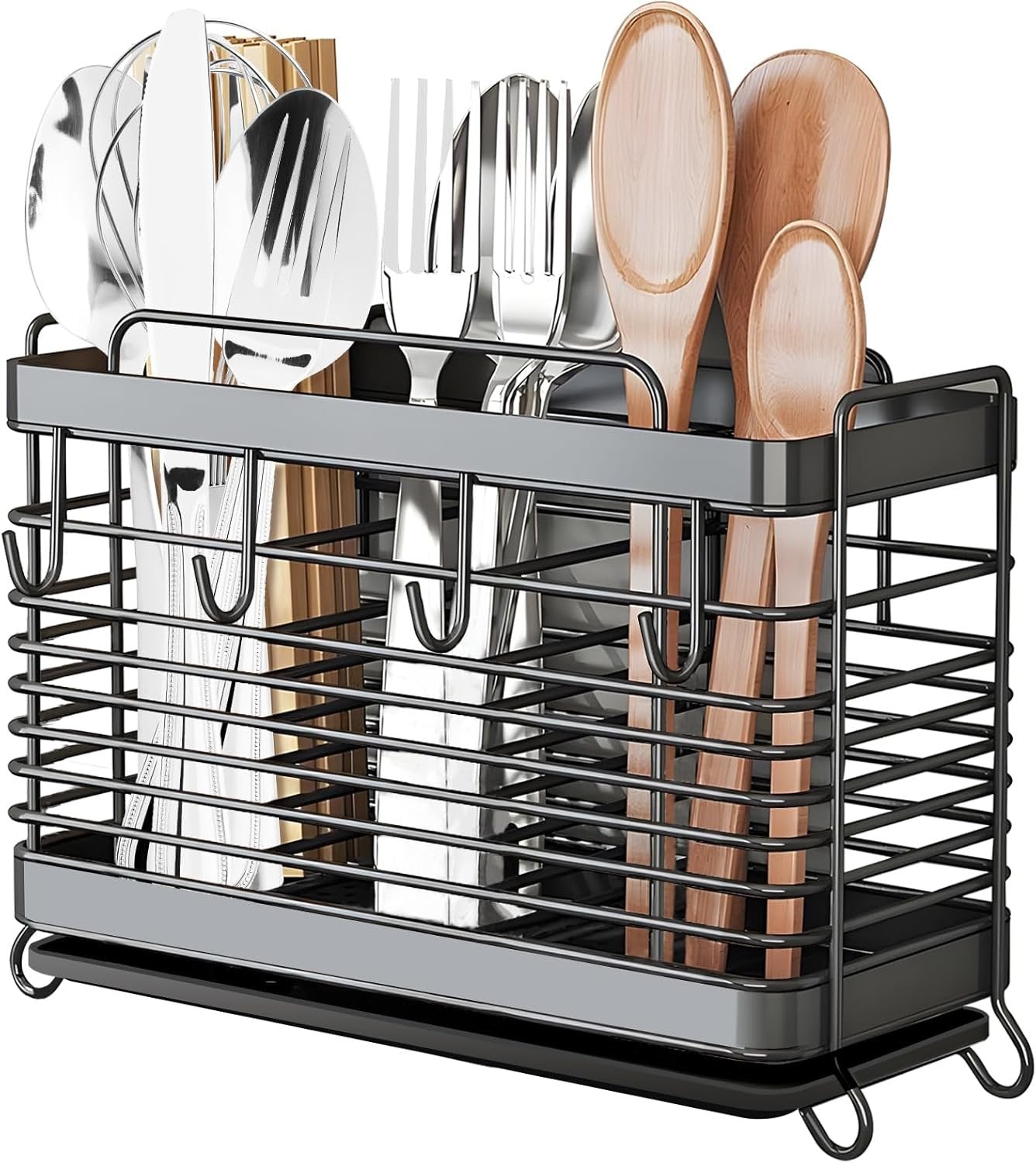 IWNTWY Utensil Holder, 3 Compartments Stainless Steel Utensil Drying Rack, Dish Drainer for Kitchen Counter, Silverware Cutlery Flatware Holder Forks, Knives, Spoons, Chopsticks Organizer (Black)