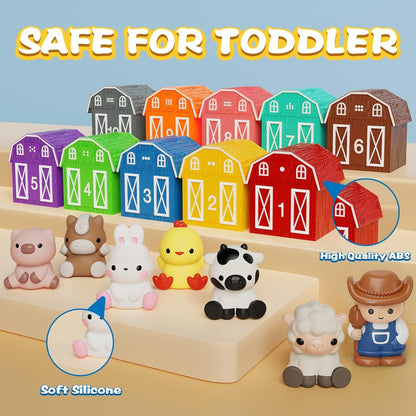 Learning Toy for Toddlers 1 2 3+ Years Old, 20 PCS Farm Animal Barn Toy & Finger Puppets, Montessori Educational Toy for Kids, Kids Toy with 10 Animals & 10 Barns for Babies Boys Girls