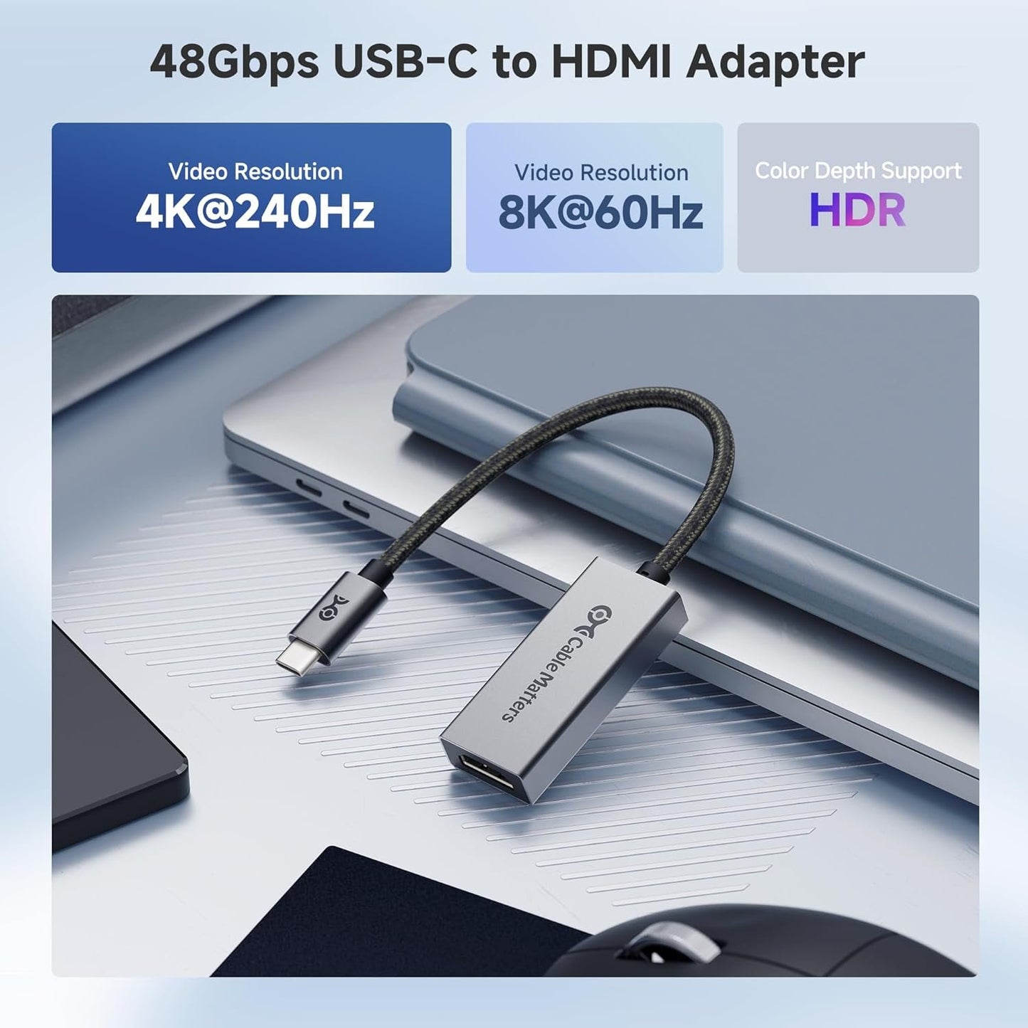 Cable Matters 48Gbps USB C to HDMI 2.1 Adapter, Support 8K 60Hz /4K 240Hz HDR, Thunderbolt 4 to HDMI 2.1, HDMI 2.1 to USB C Adapter, Compatible with iPhone 16/15 - Maximum Resolution on Mac is 4K@60Hz