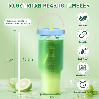 Luxgola 50 oz Tritan Plastic Tumbler with Flip Straw Lid and Top Handle, Reusable Clear Water Bottle with Time Marker, 100% Leak Proof, Fits in Car Cup Holder, BPA-Free Iced Coffee Cup - Rose Red