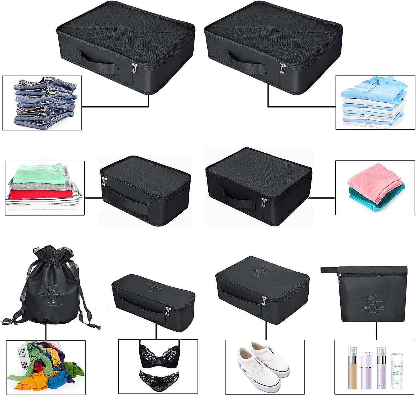 Suitcase Organizer 8 Pieces Latest Travel Design Travel Organizers Include Waterproof Storage Bag Shoe Compression Bags for Travel, Black, S M L