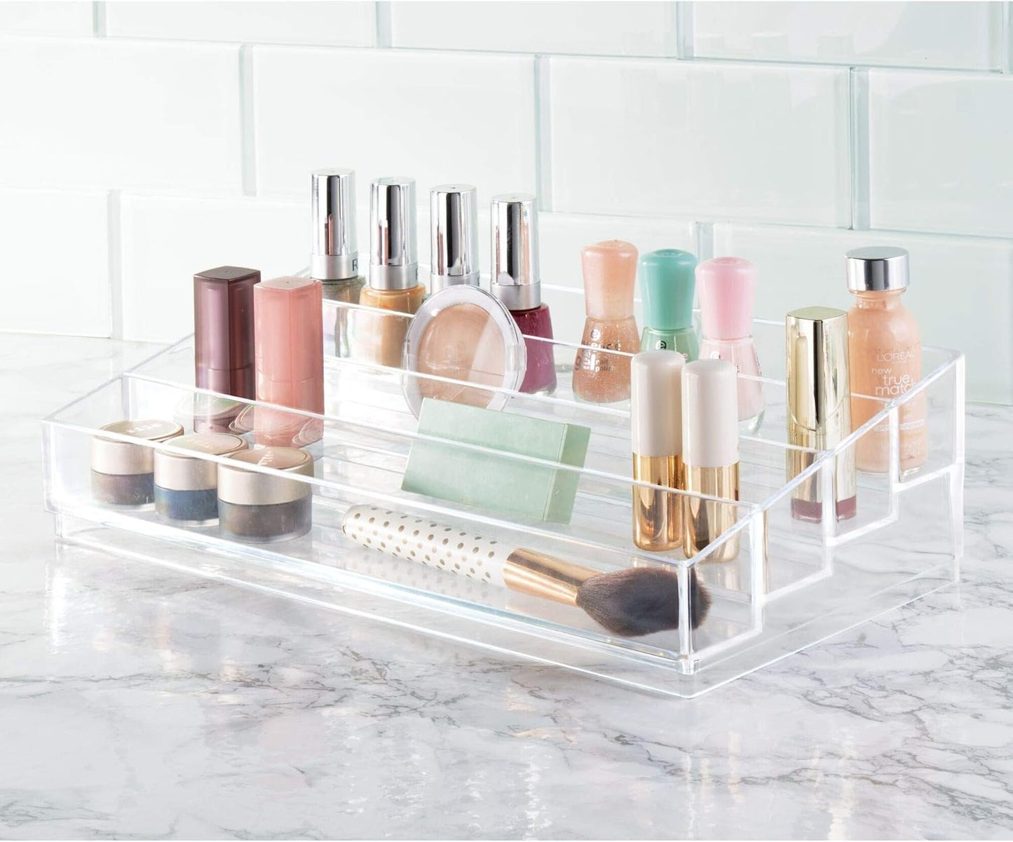 iDesign Clarity Plastic Tiered Organizer for Storage of Cosmetics, Makeup, and Accessories on Vanity, Countertop, or Cabinet, 13" x 6.5" x 3.46", Clear